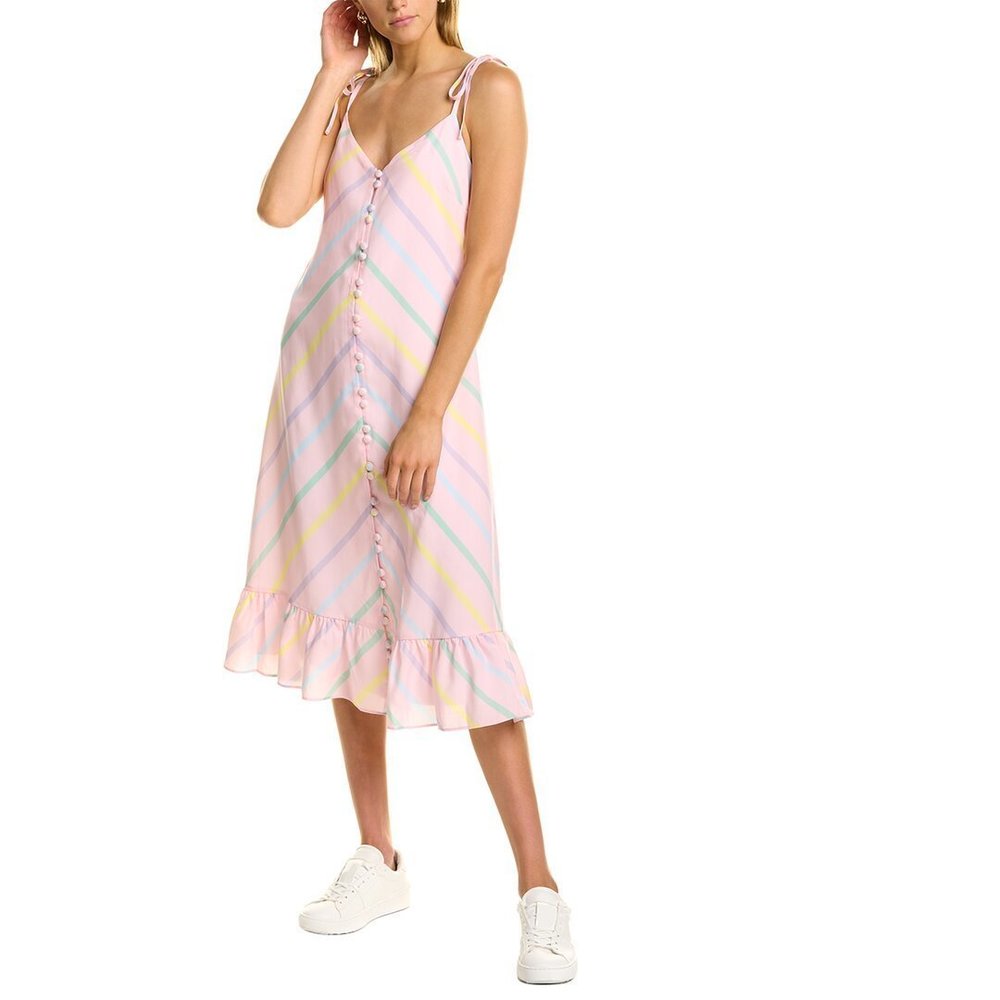 OLIVIA RUBIN Pastel Stripe Midi Dress in Pink, Yellow, Blue